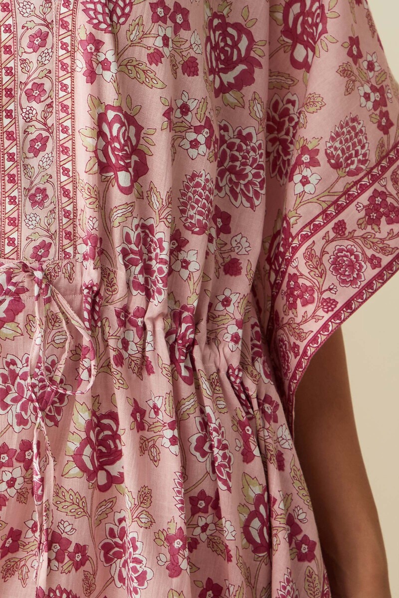 Pink Hand Printed Cotton Mul Kaftan