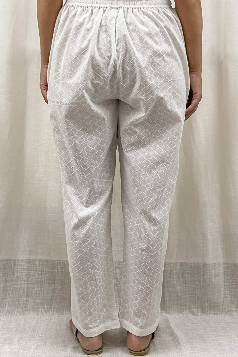 White Handcrafted Cotton Dobby Narrow Pants