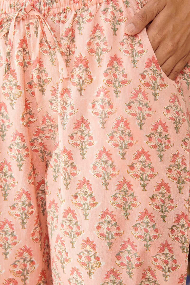Peach Hand Block-Printed Cotton Narrow Pants