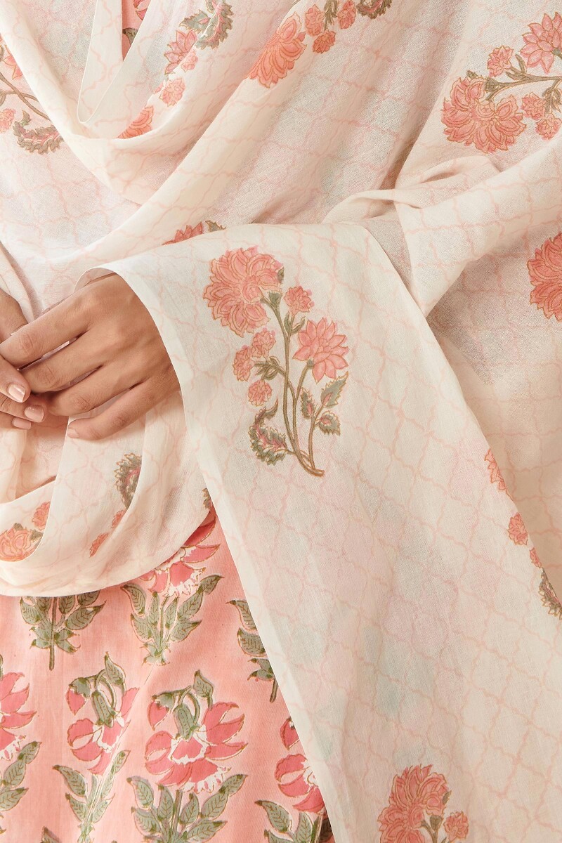 White Hand Block-Printed Cotton Mul Dupatta