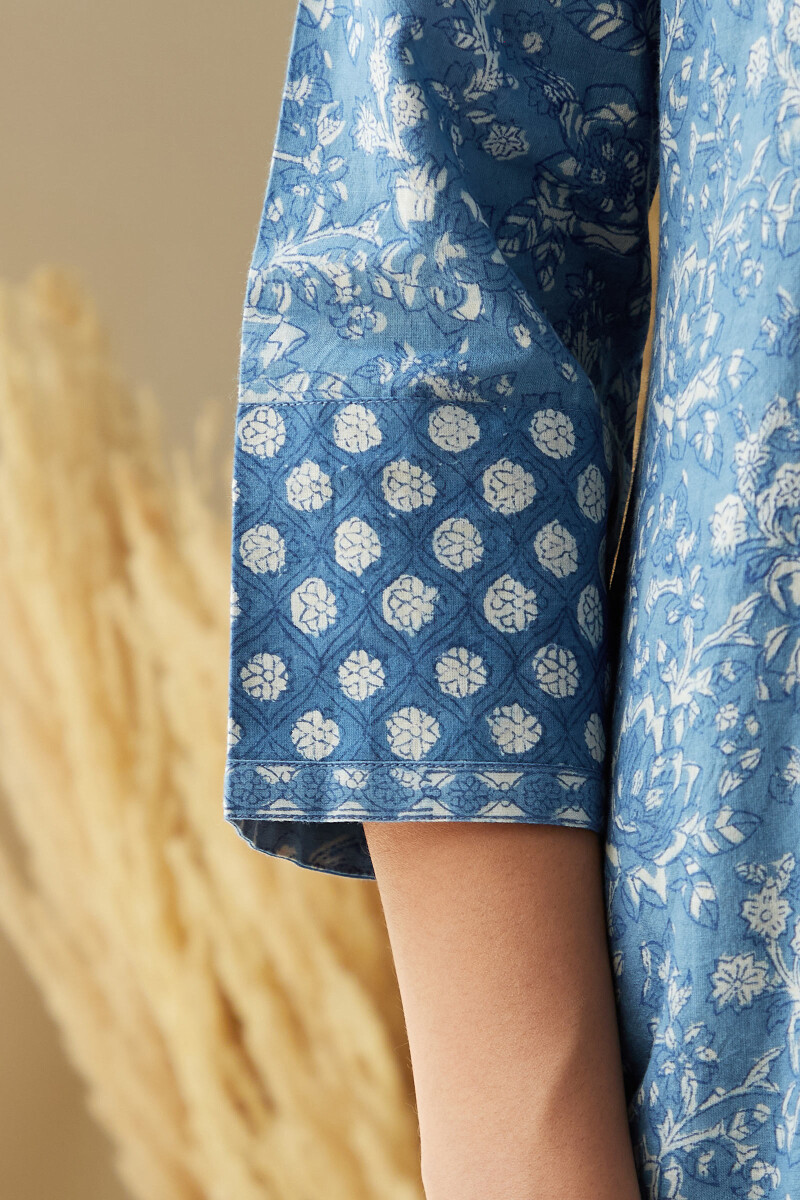 Indigo Hand Block-Printed Straight Cotton Kurta