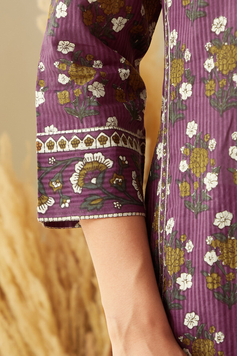 Purple Hand Printed Straight Cotton Dobby Kurta