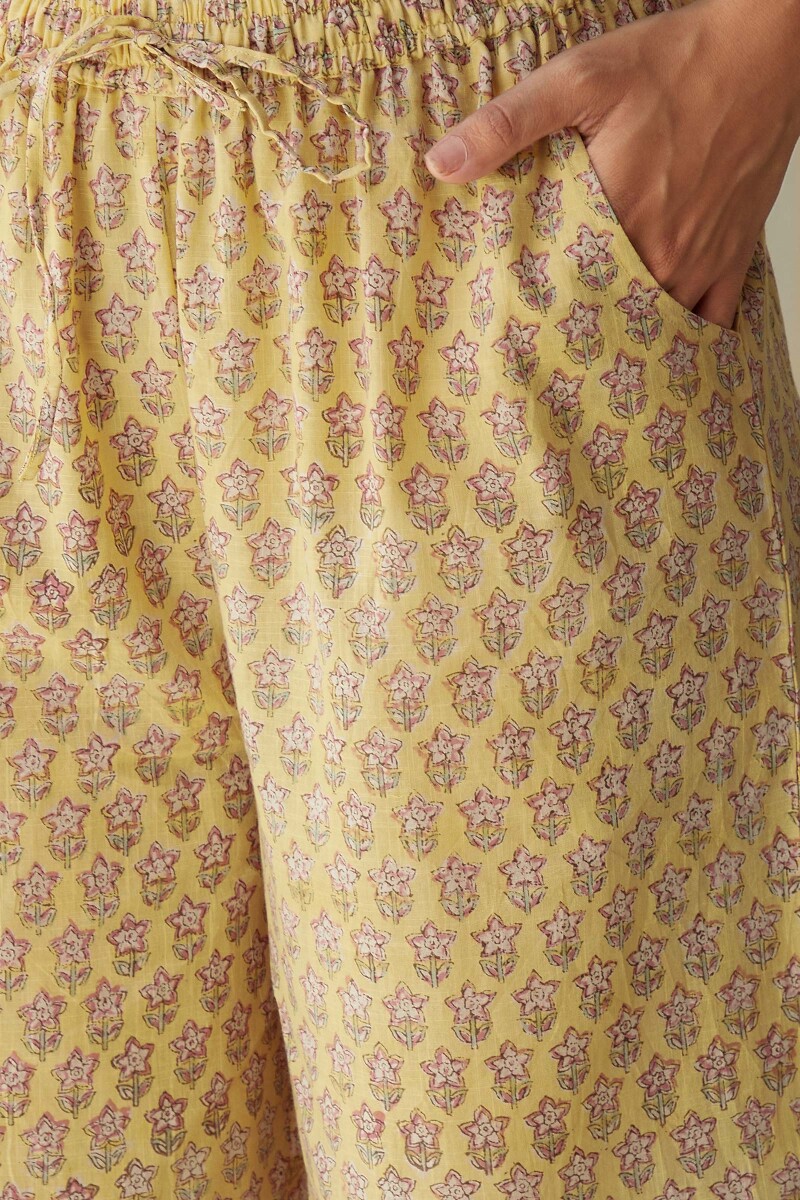 Yellow Hand Block-Printed Cotton Slub Culottes