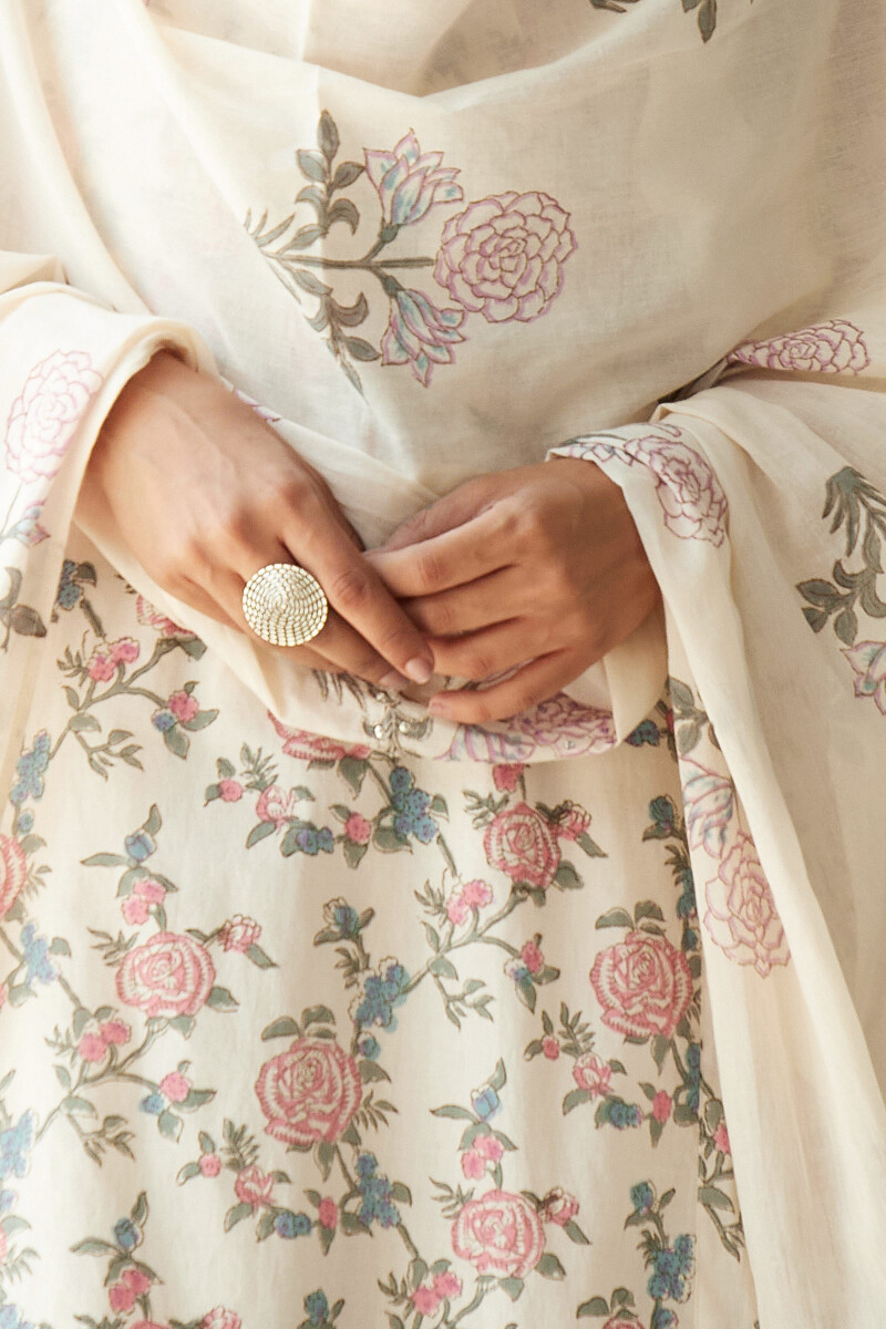 Beige Hand Block-Printed Cotton Mul Dupatta