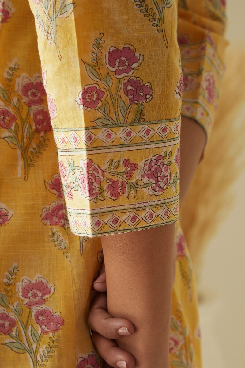 Yellow Hand Block-Printed Straight Cotton Slub Kurta