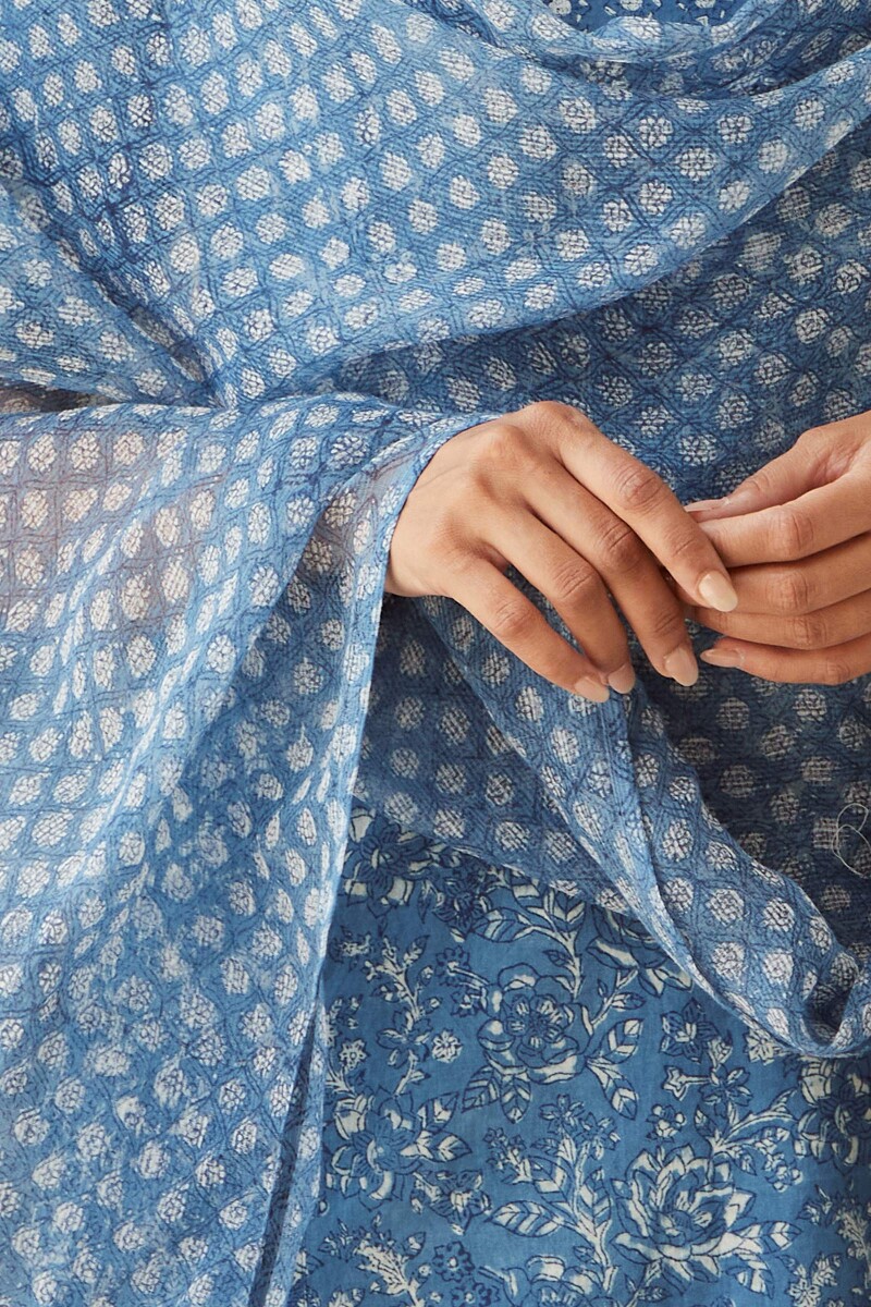 Indigo Hand Block-Printed Kota Dupatta