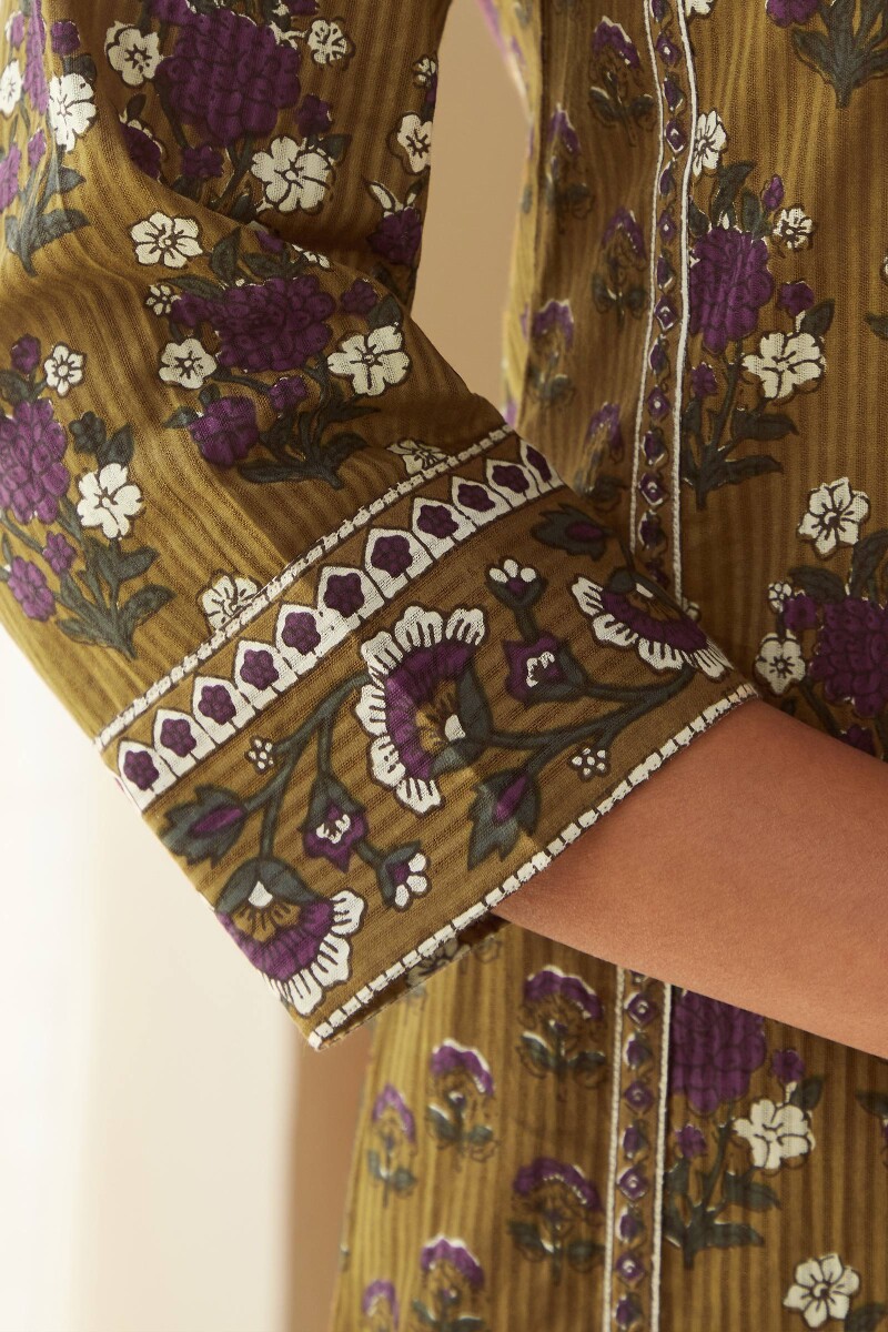 Mustard Hand Printed Straight Cotton Dobby Kurta