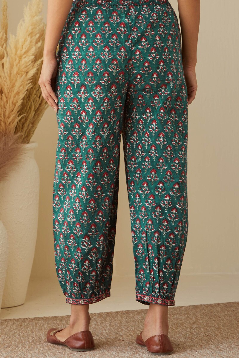 Green Hand Block-Printed Cotton Izhaar Pants