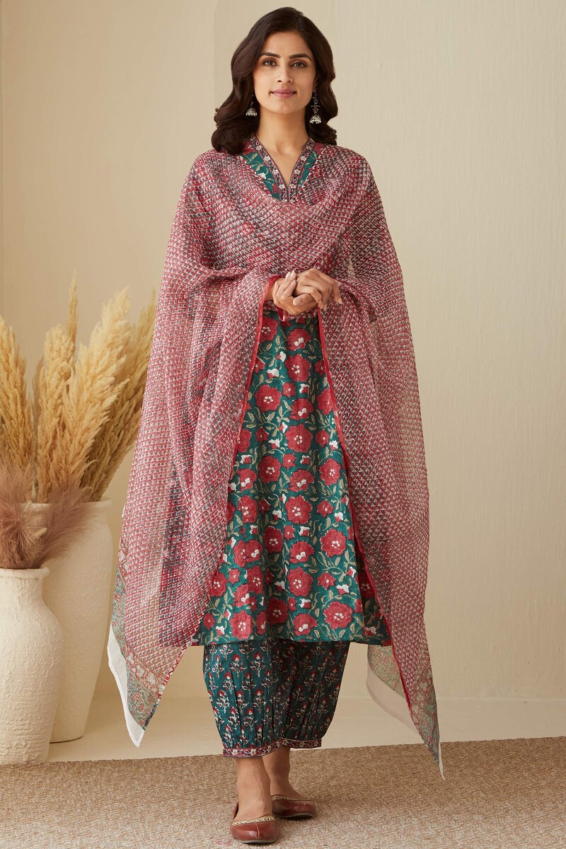 Red Hand Block-Printed Kota Dupatta