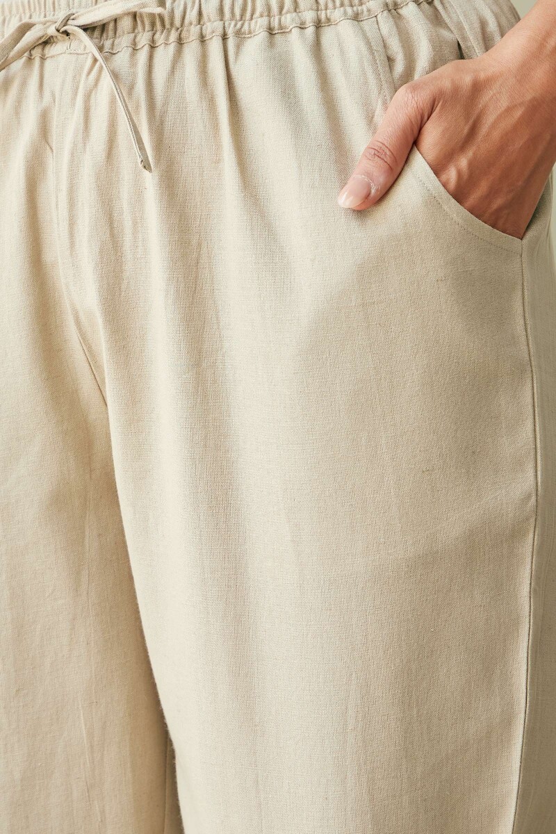 Beige Handcrafted Cotton Flax Narrow Pants