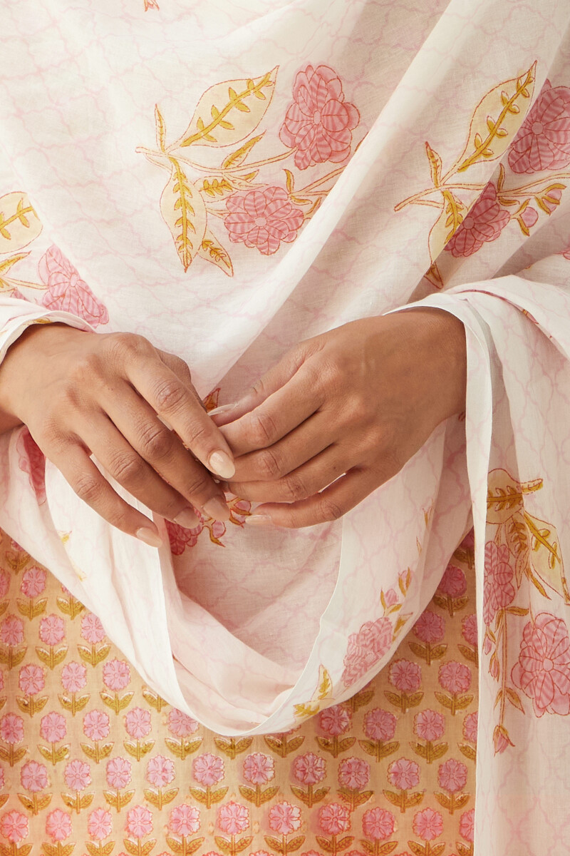 White Hand Block-Printed Cotton Mul Dupatta