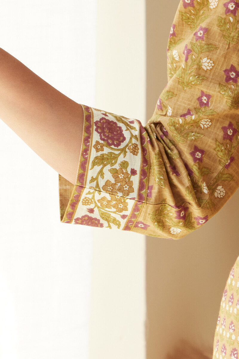 Mustard Hand Printed Straight Cotton Slub Kurta