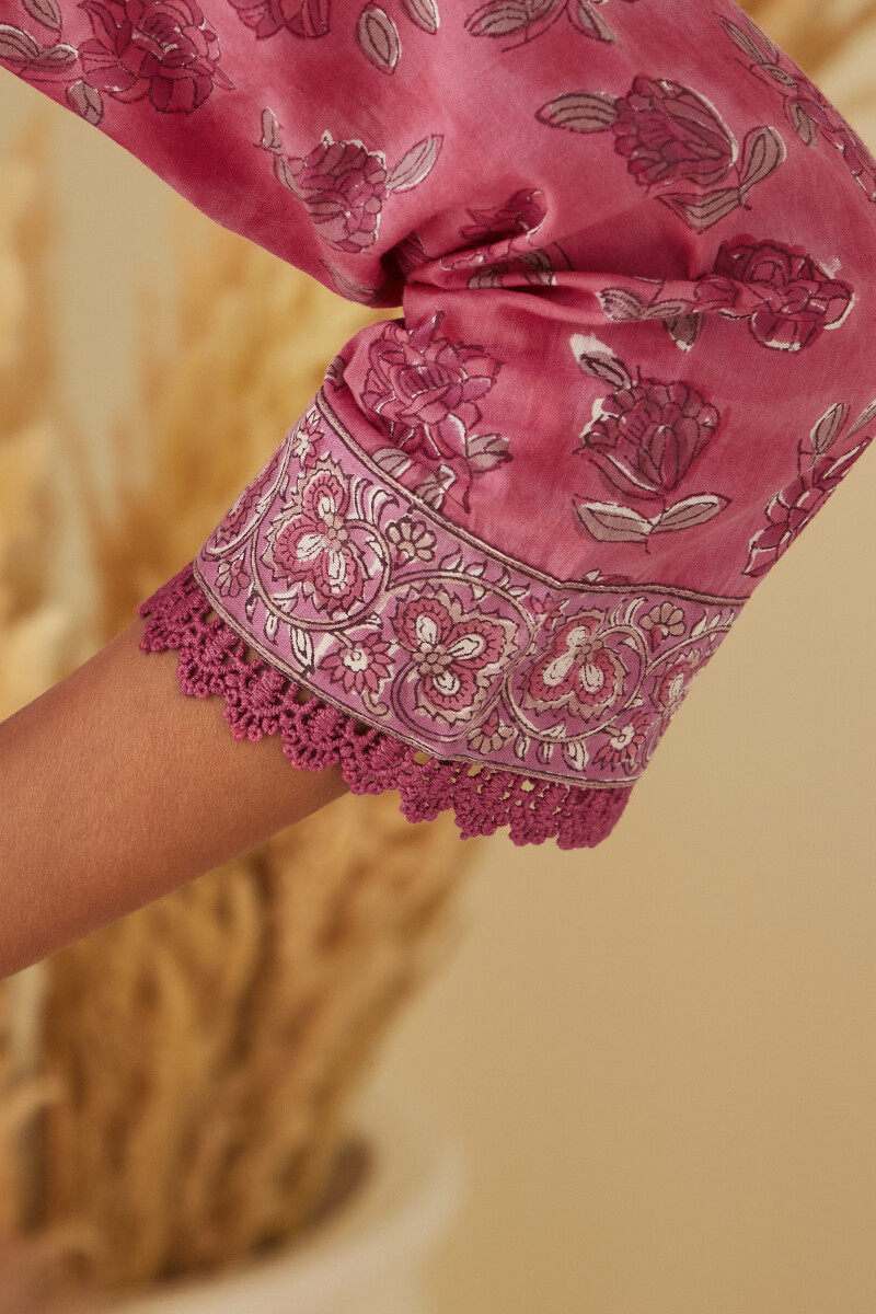 Pink Hand Block-Printed Straight Cotton Kurta