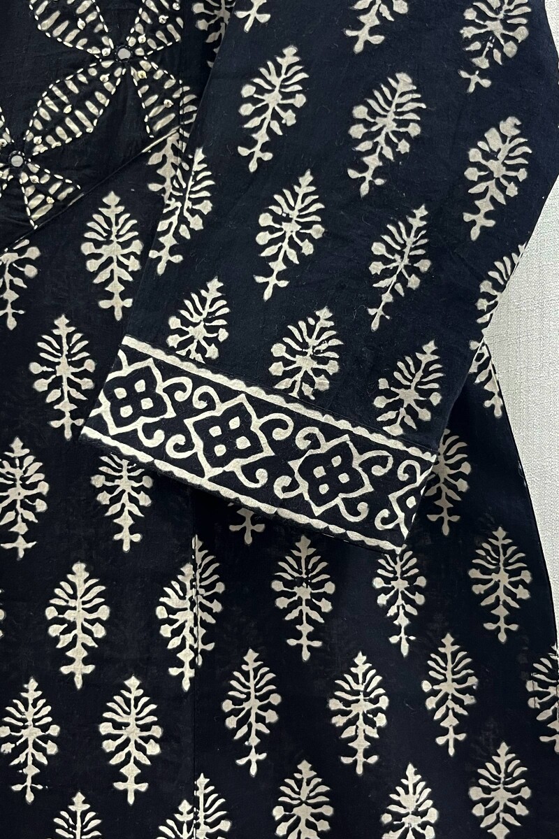 Black Hand Block-Printed Straight Cotton Kurta