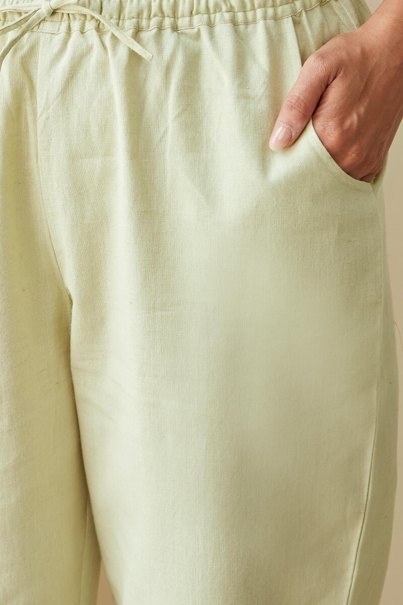 Green Handcrafted Cotton Flax Narrow Pants
