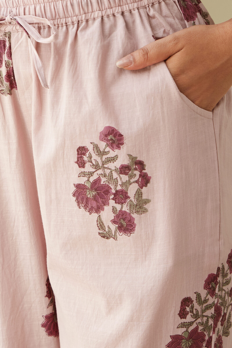 Purple Hand Block-Printed Cotton Slub Narrow Pants