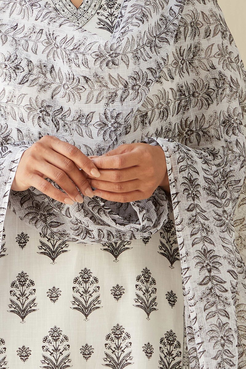 White Hand Printed Kota Dupatta