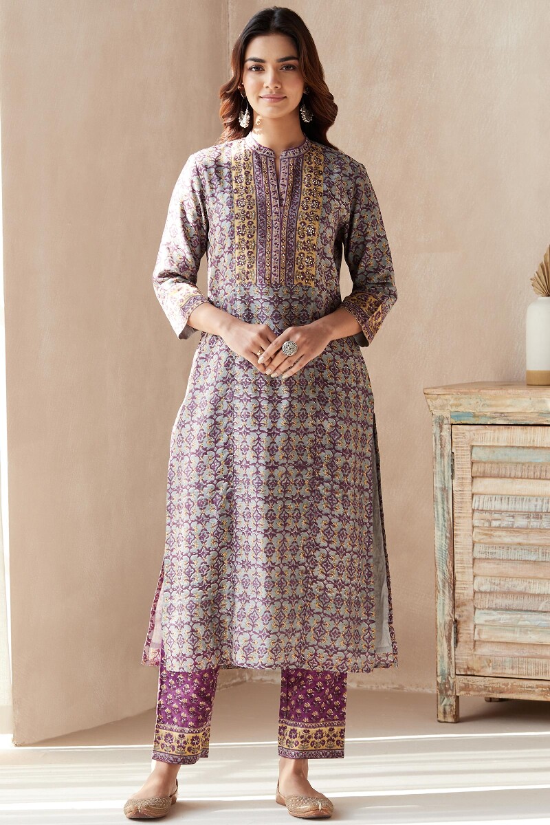 Blue Hand Block-Printed Straight Chanderi Kurta