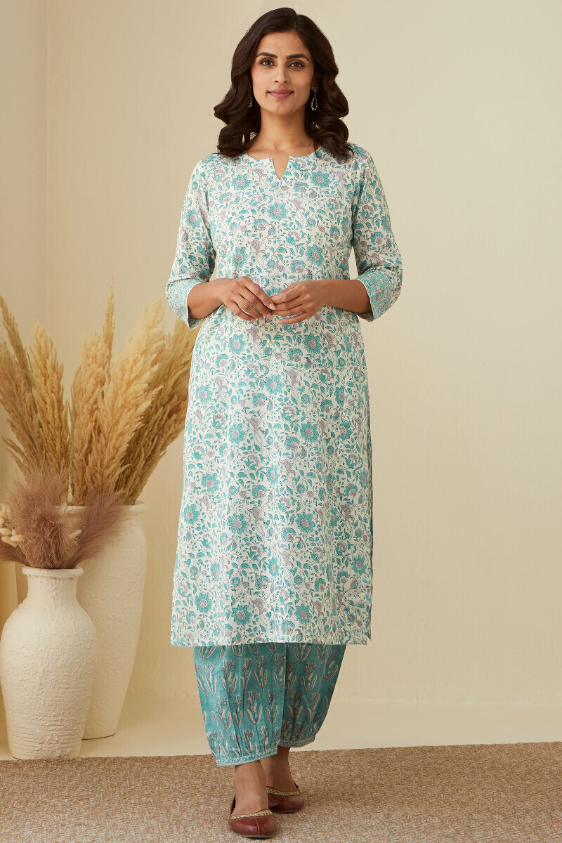 White Hand Block-Printed Straight Cotton Slub Kurta