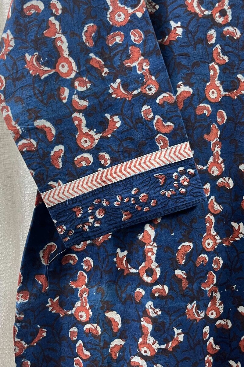 Blue Hand Block-Printed Straight Cotton Kurta