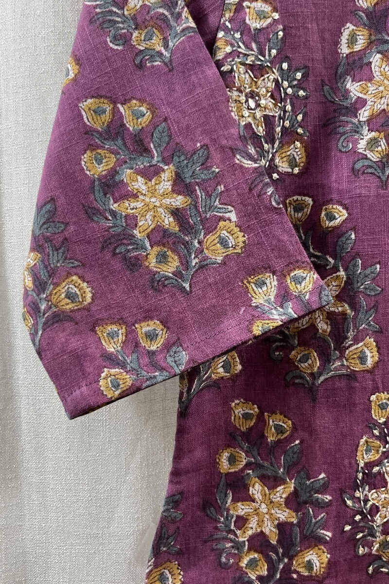 Purple Hand Block-Printed Cotton Slub Top