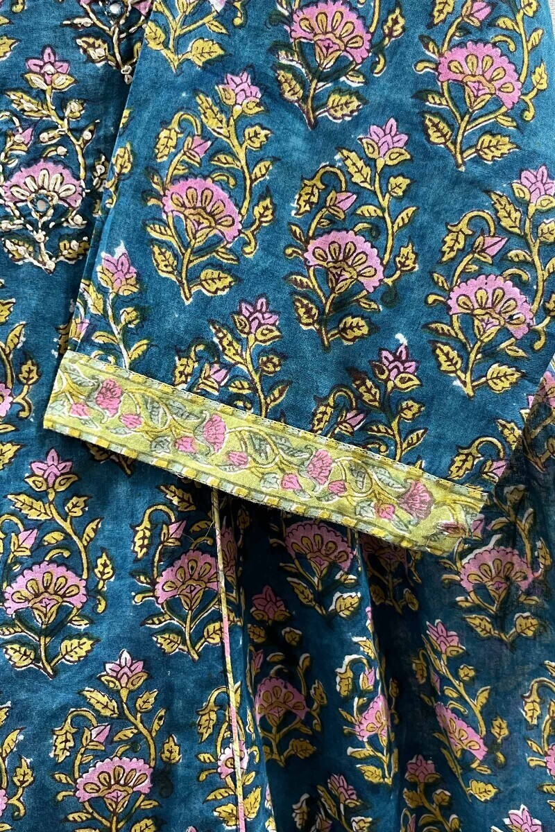 Teal Hand Block-Printed A-Line Cotton Mul Kurta