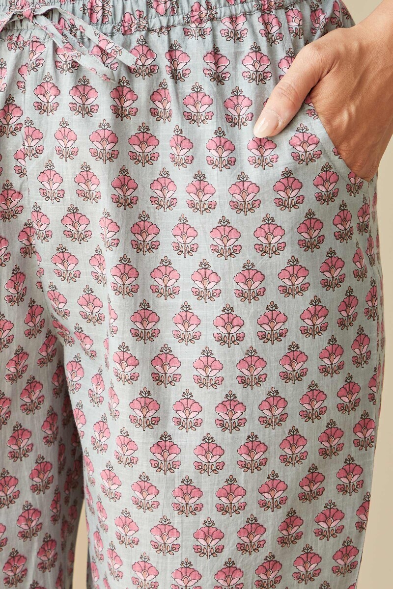 Blue Hand Printed Cotton Slub Narrow Pants