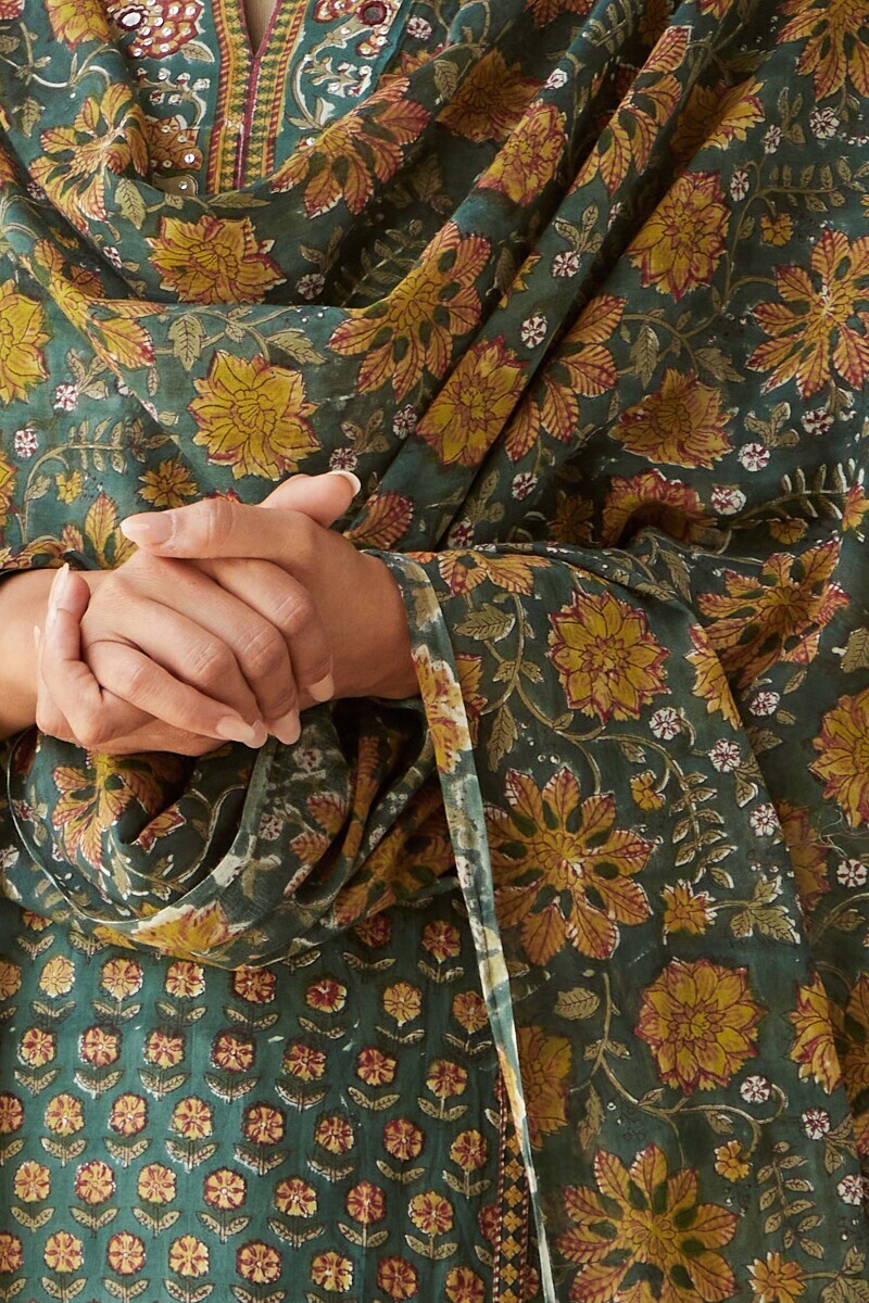 Green Hand Block-Printed Cotton Mul Dupatta