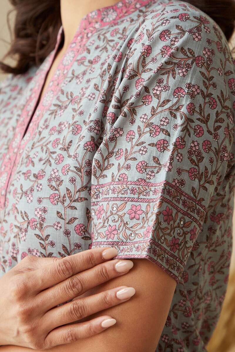 Blue Hand Printed Straight Cotton Slub Kurta