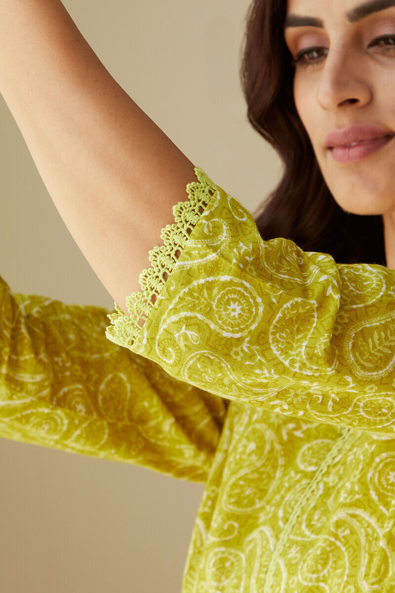 Green Hand Printed A-Line Cotton Kurta