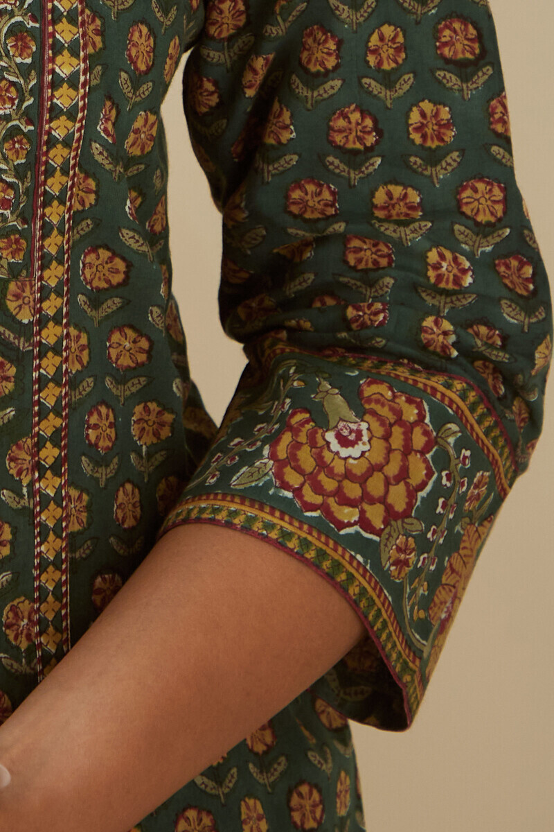 Green Hand Block-Printed Straight Cotton Kurta