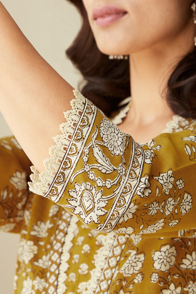 Mustard Hand Block-Printed Straight Viscose Kurta