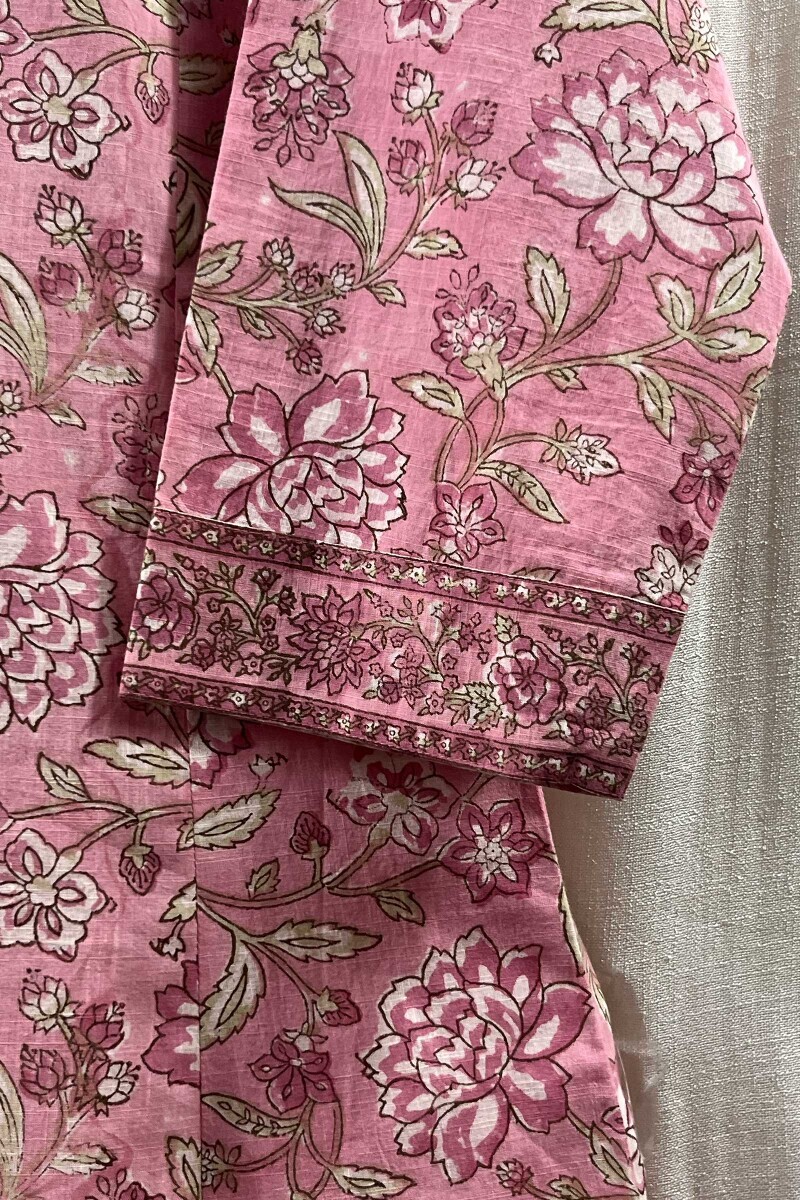 Pink Hand Block-Printed Anarkali Cotton Slub Kurta