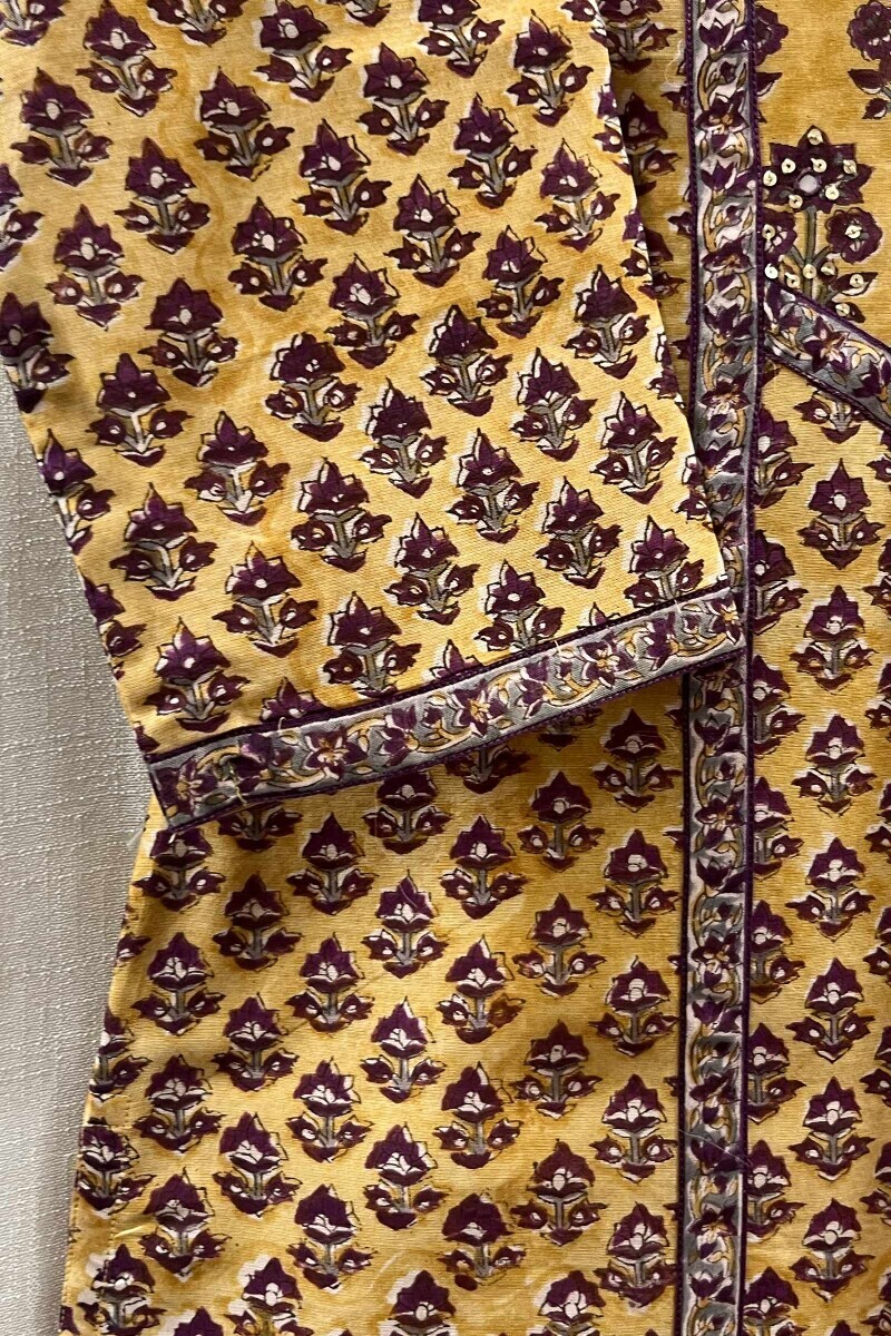 Yellow Hand Block-Printed Straight Chanderi Kurta