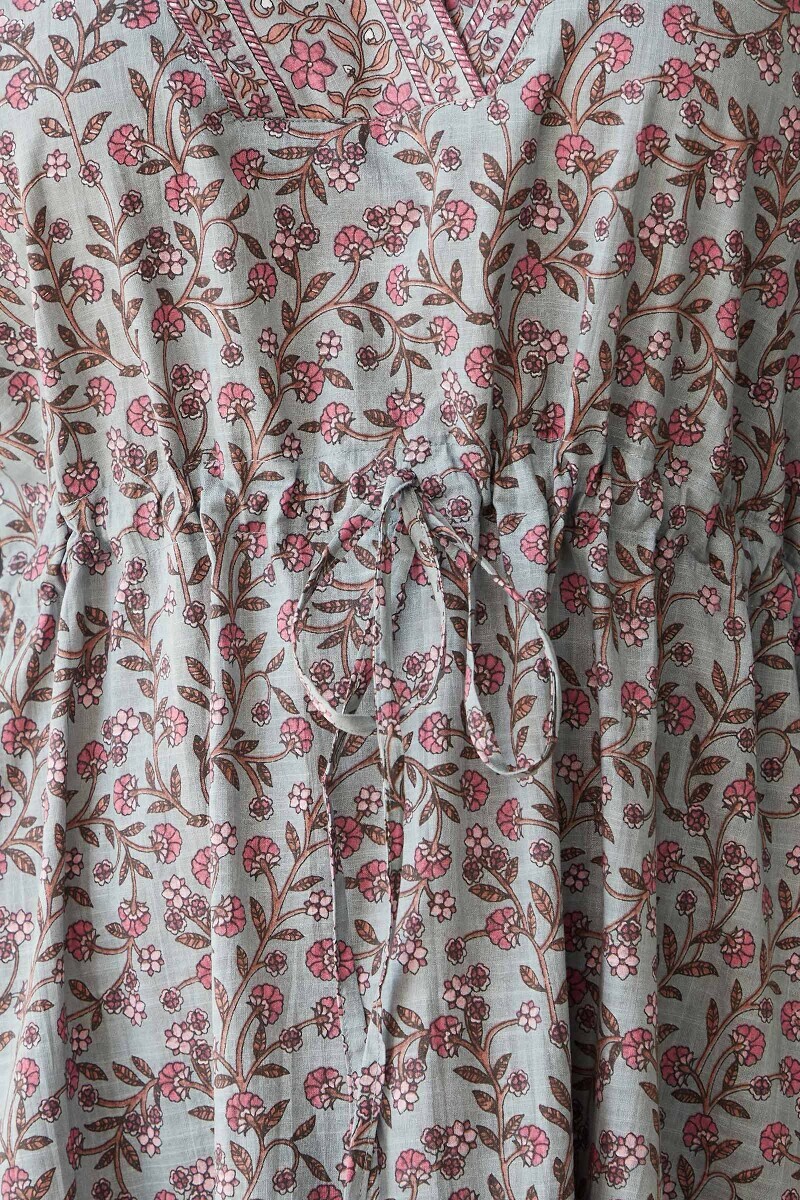 Blue Hand Printed Cotton Slub Kaftan