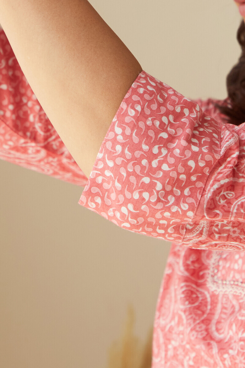 Pink Hand Printed Straight Cotton Kurta