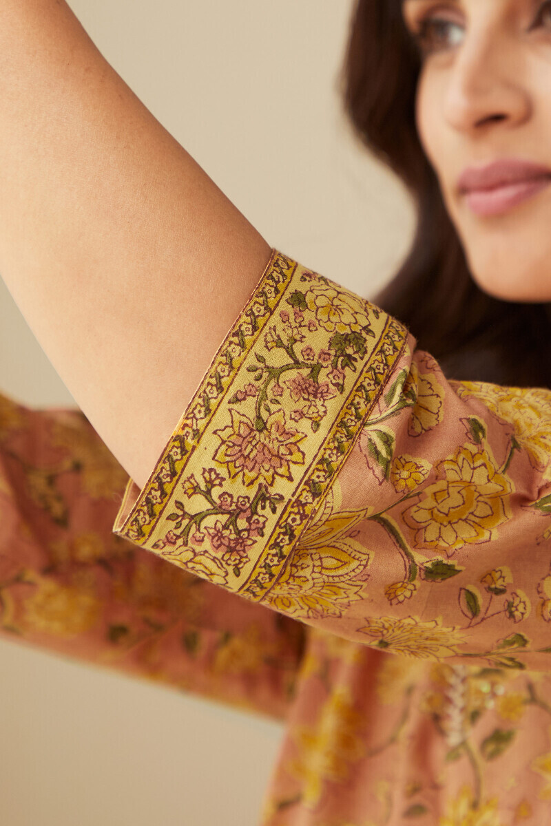 Pink Hand Block-Printed Straight Cotton Kurta
