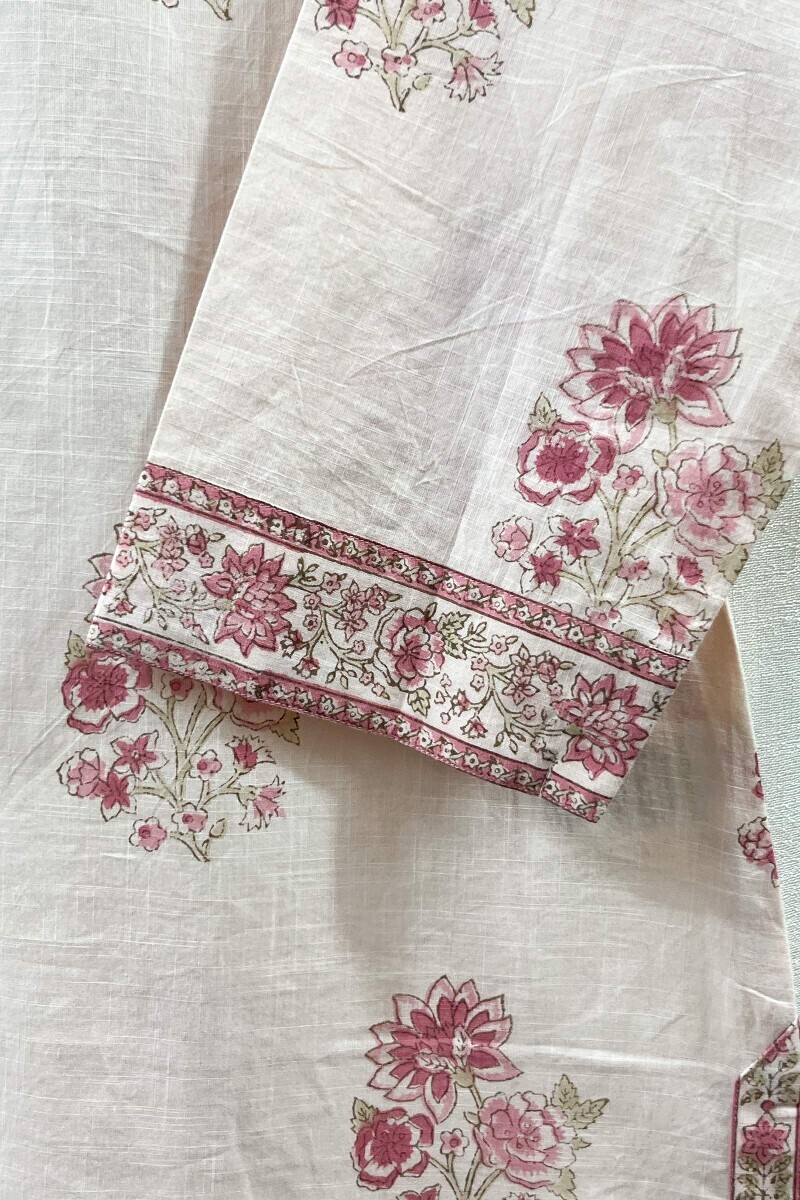 Light Pink Hand Block-Printed Straight Cotton Slub Kurta