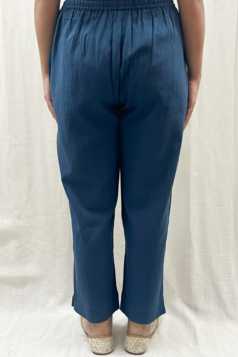 Blue Handcrafted Cotton Flax Narrow Pants