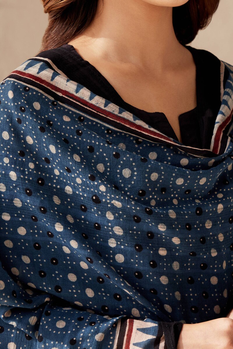Indigo Hand Block Printed Cotton Dobby Dupatta