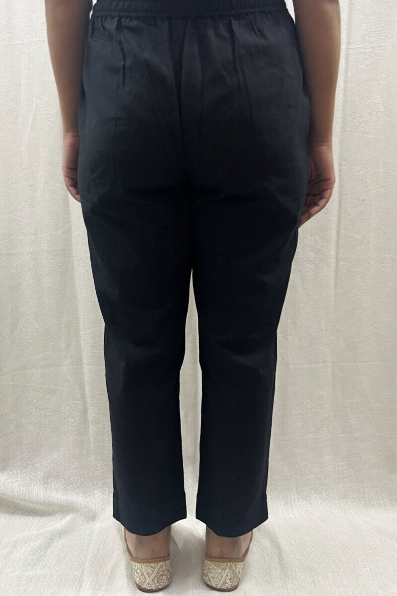 Black Handcrafted Cotton Flax Narrow Pants