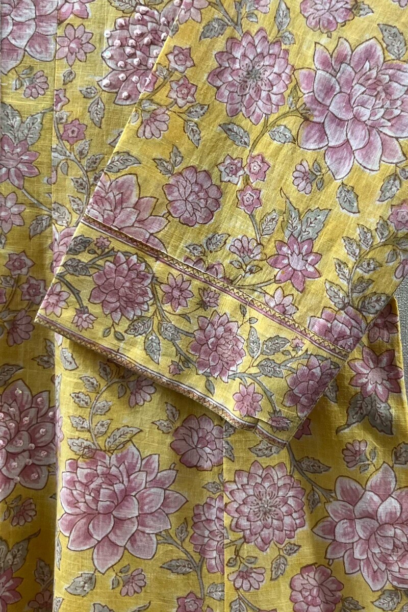 Yellow Hand Block-Printed A-Line Cotton Slub Kurta