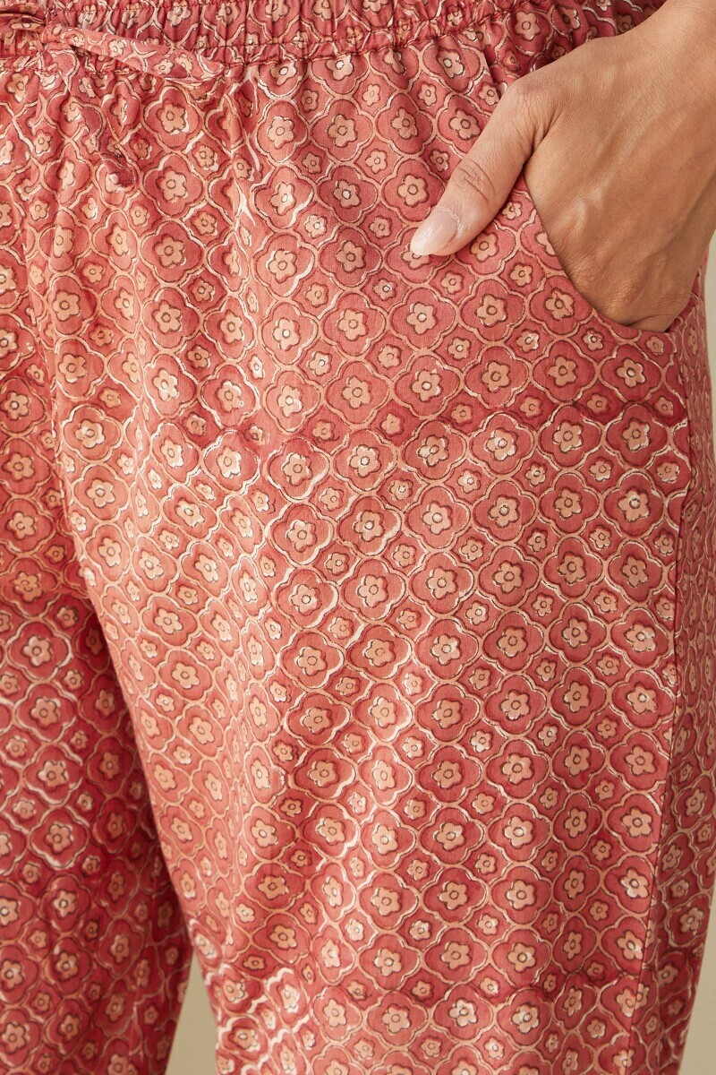 Red Hand Block-Printed Cotton Narrow Pants