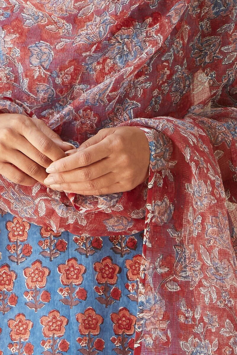 Red Hand Block-Printed Kota Dupatta