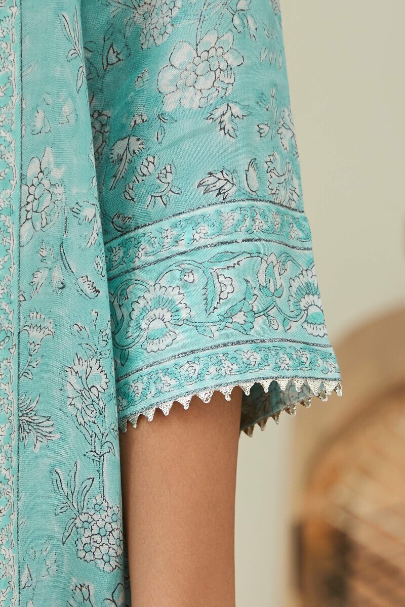 Blue Hand Block-Printed Straight Viscose Kurta