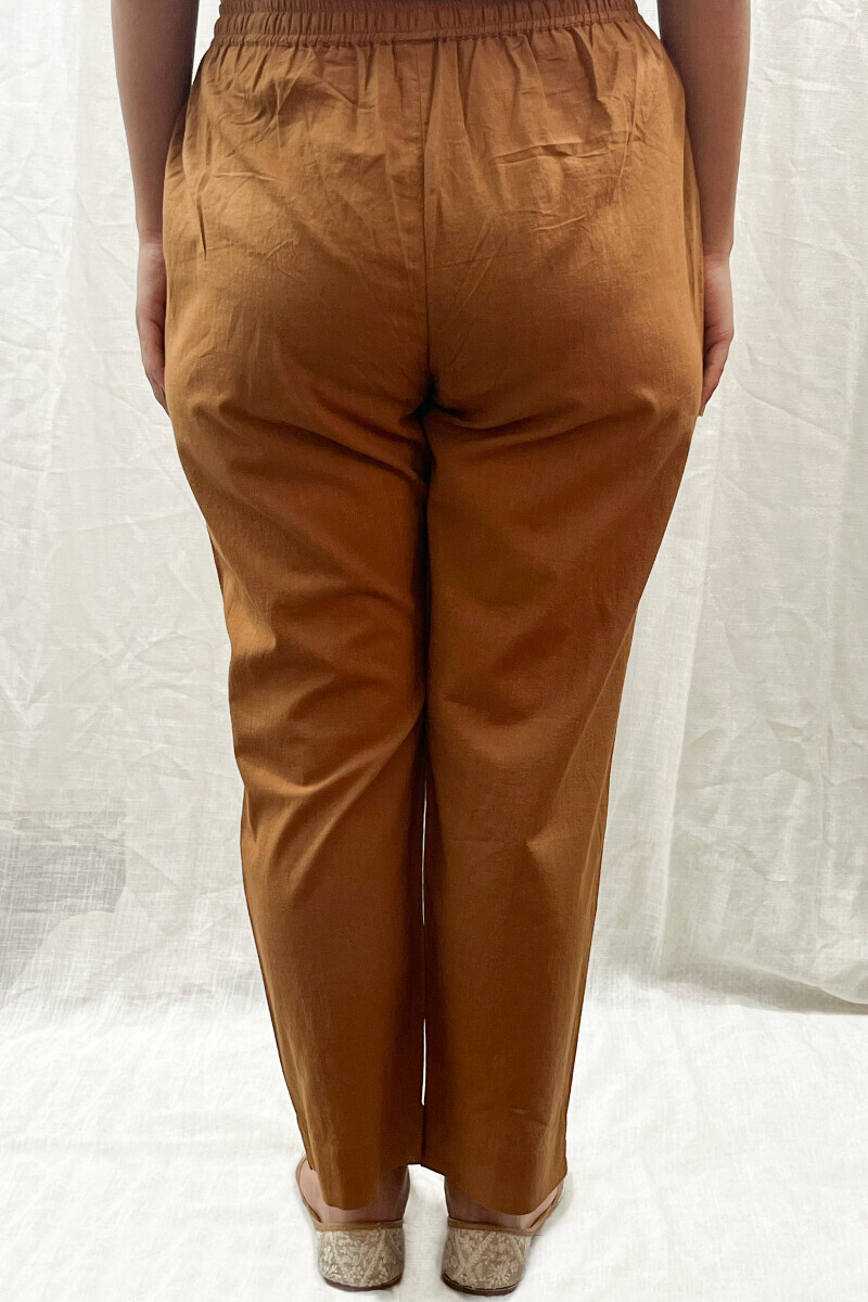 Brown Handcrafted Cotton Slub Narrow Pants