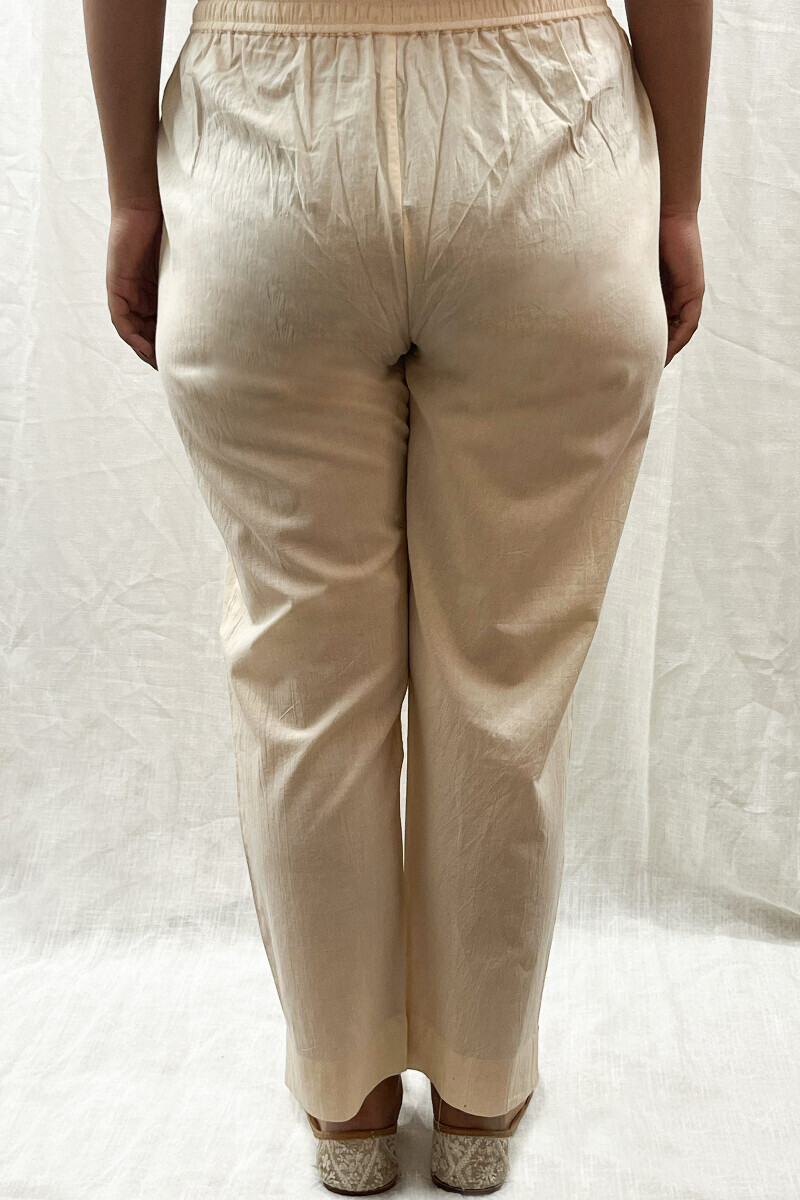 Beige Handcrafted Cotton Narrow Pants