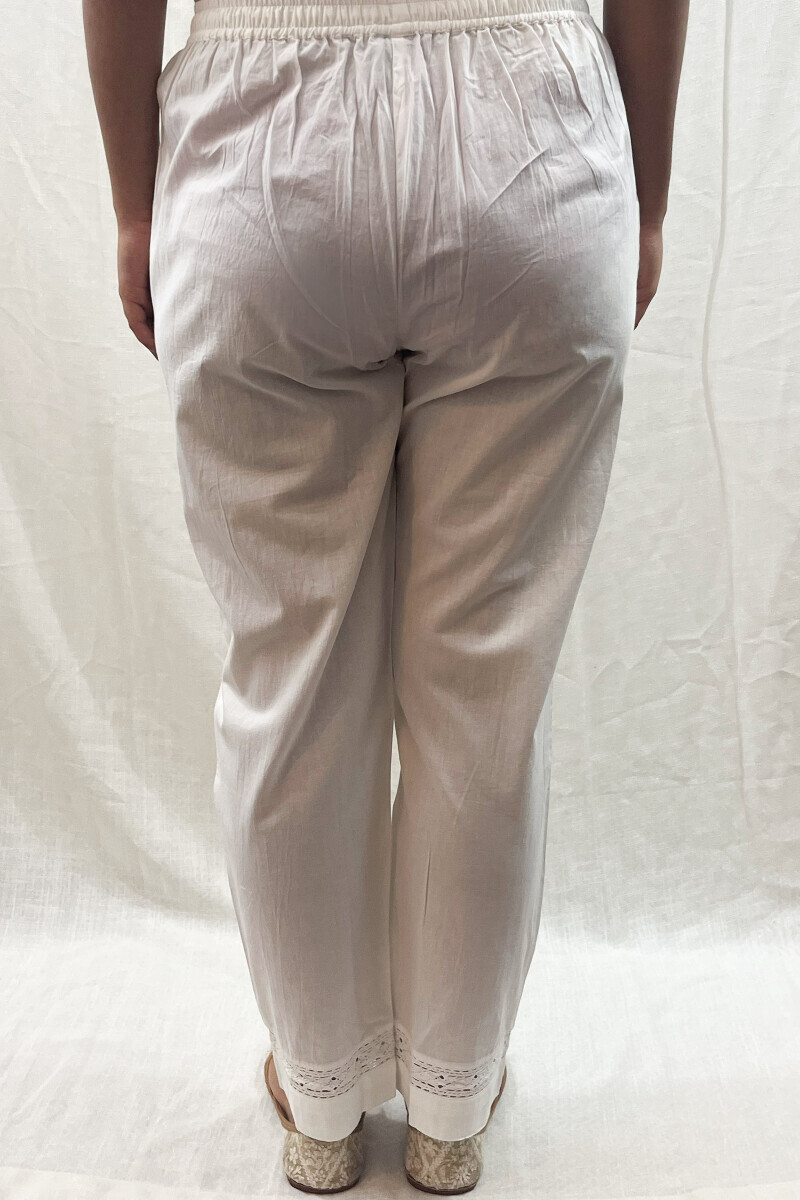 White Handcrafted Cotton Narrow Pants