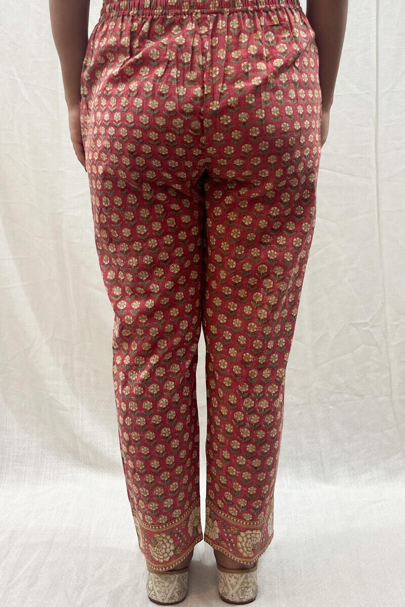 Pink Hand Printed Cotton Slub Narrow Pants