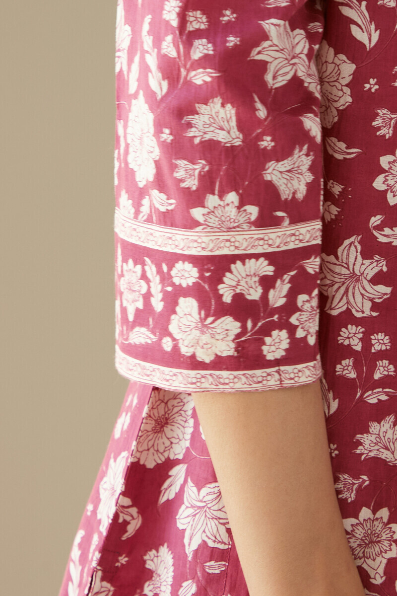 Pink Hand Printed Straight Cotton Kurta